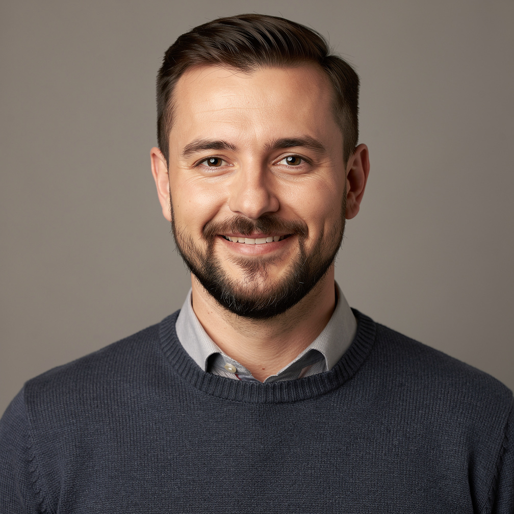 Studio portrait of a smiling man with short beard