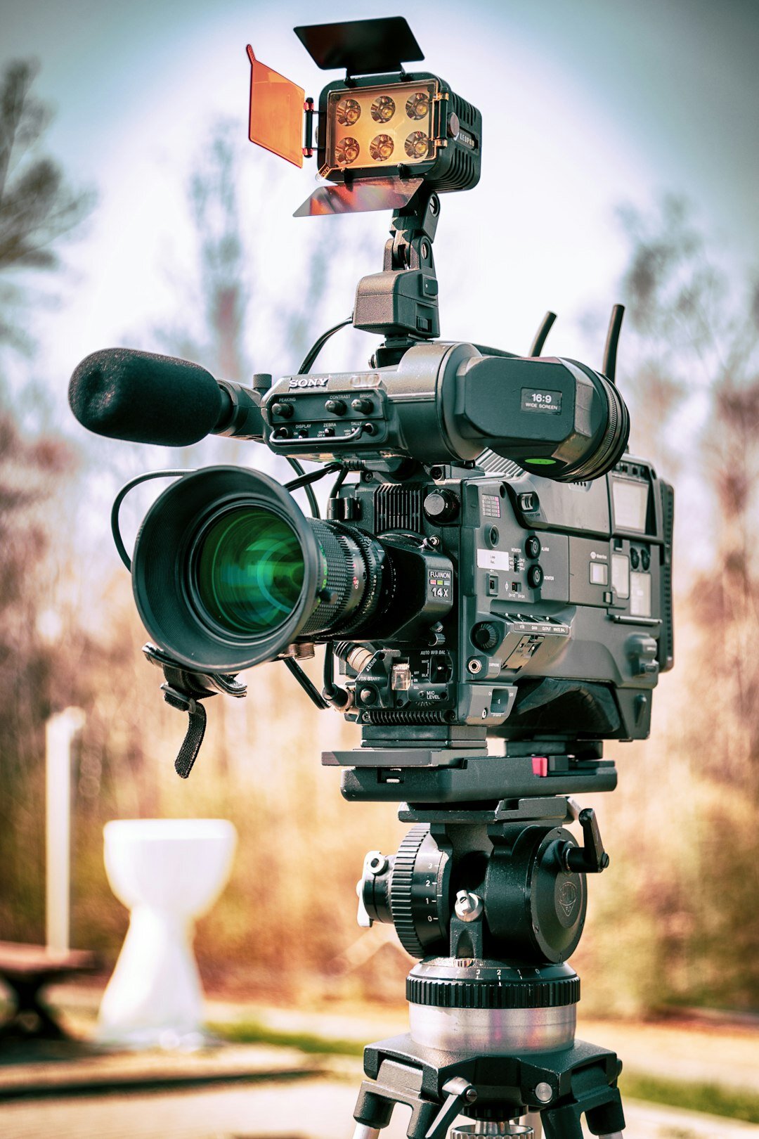 Professional video camera recording an on-camera interview
