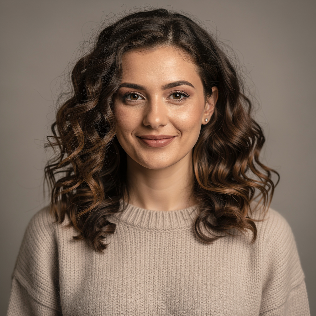 Studio portrait of a woman with curly hair smiling
