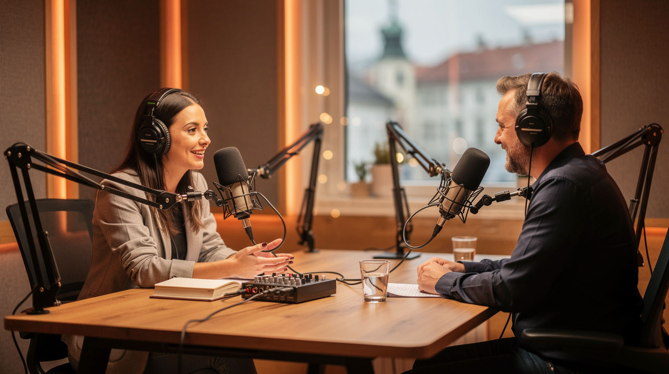 Radio host interviewing a guest in a modern podcast studio