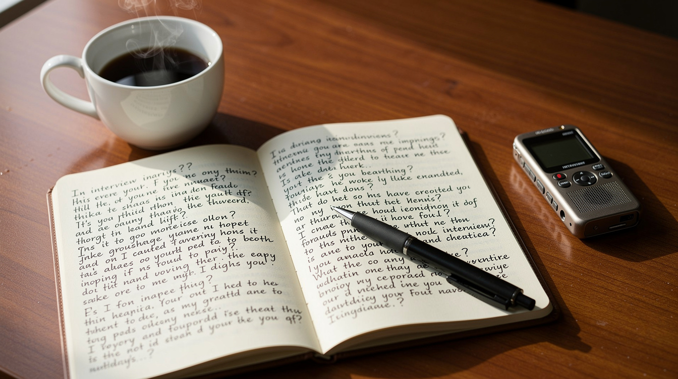 Notebook with handwritten interview questions on a desk